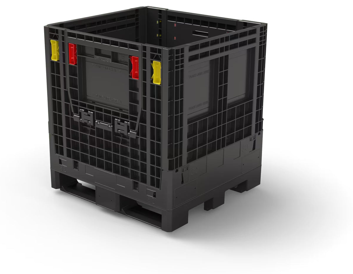 Black collapsible plastic bulk container, 32 x 30 x 34 in