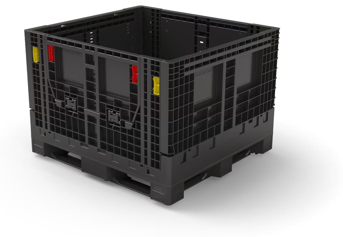 Black collapsible plastic bulk container, 48 x 45 x 34 in