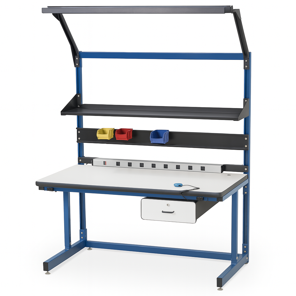 Basic industrial workbench with double-sided frame and laminate top