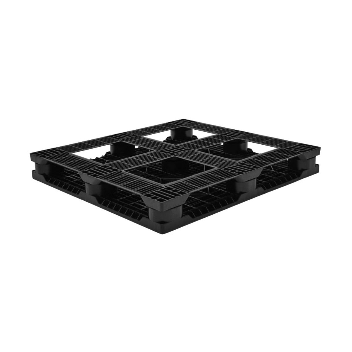 Underside of 1200x1100mm plastic pallet showing six-runner base