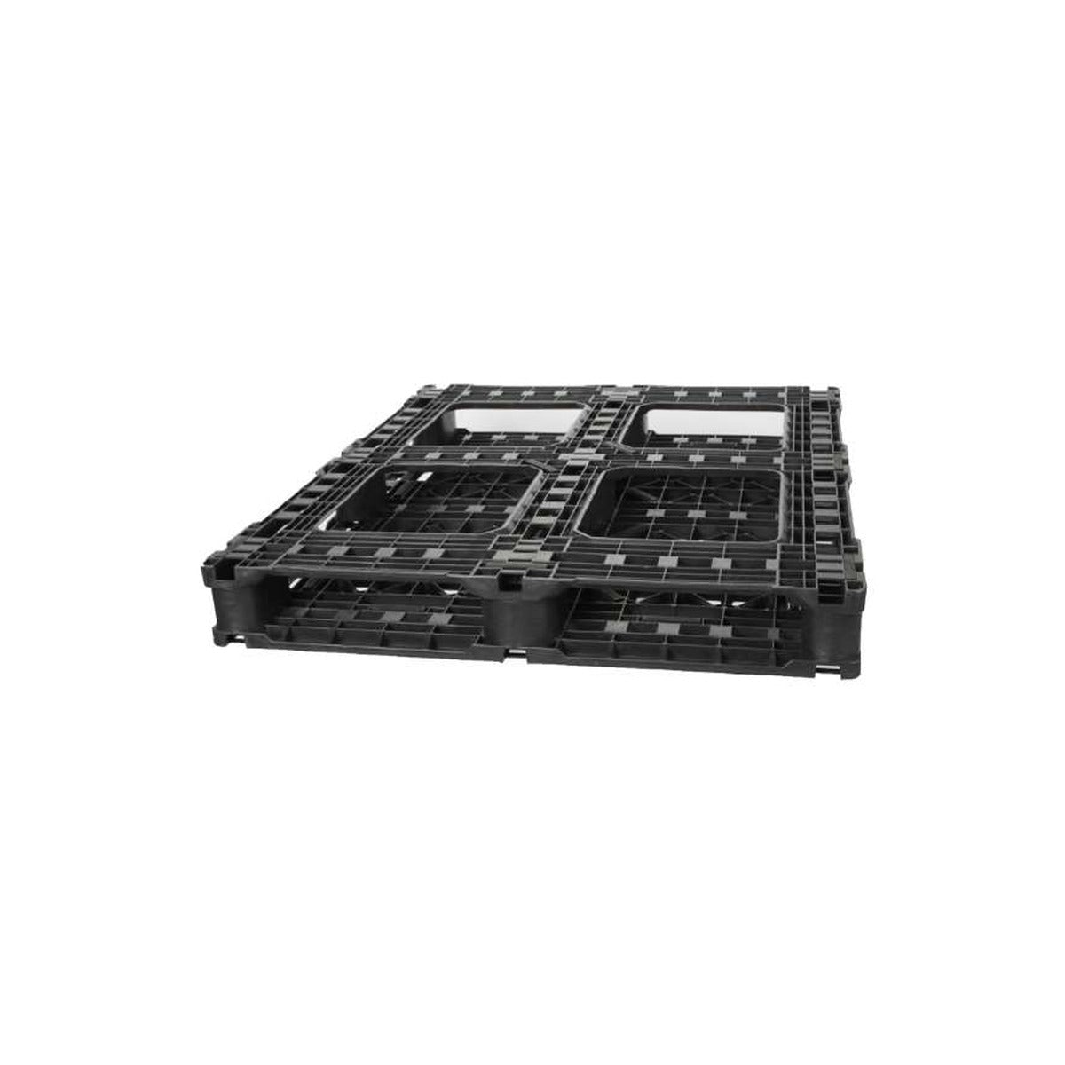 Underside of 48x40 mid duty plastic pallet showing six runners