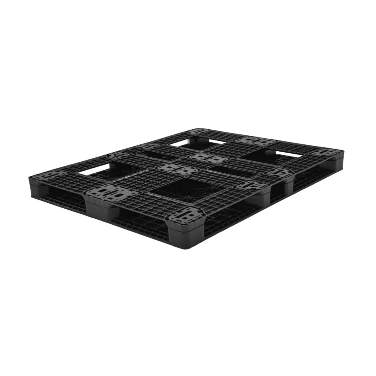 Underside of 56x44 plastic pallet showing seven-runner base