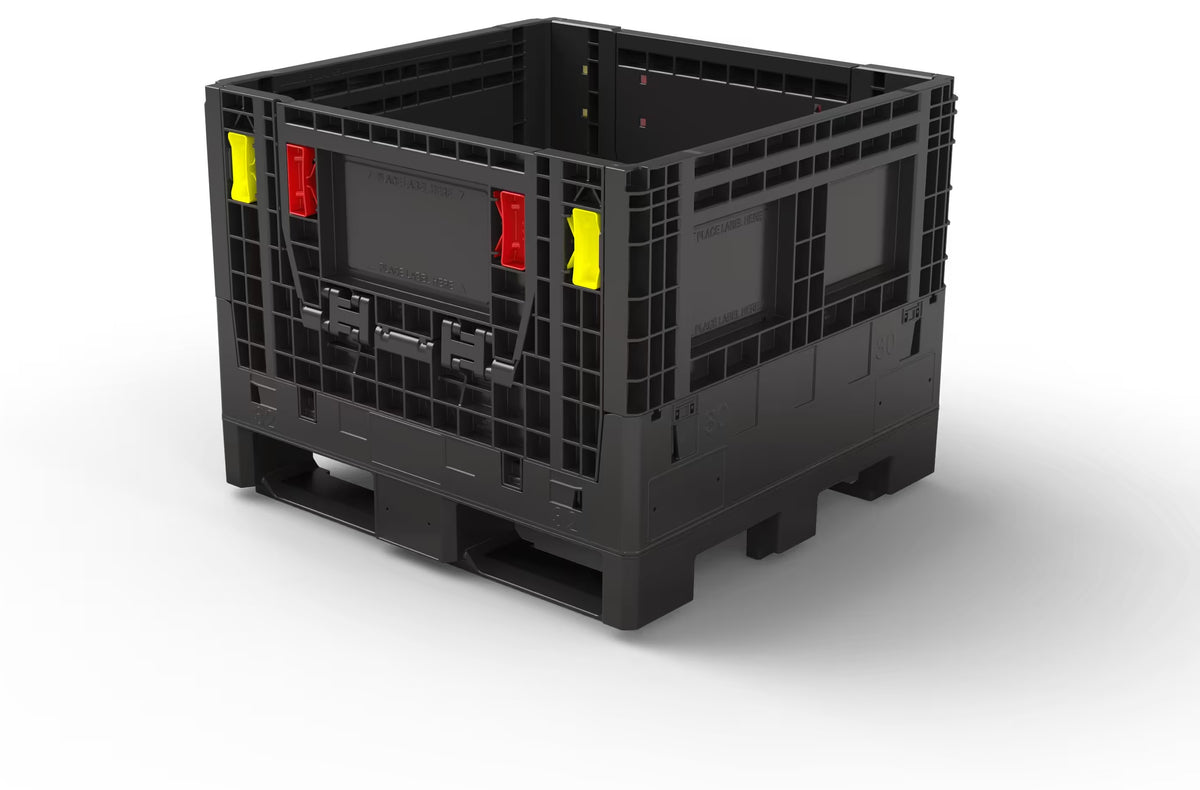Black collapsible plastic bulk container, 32 x 30 x 25 in