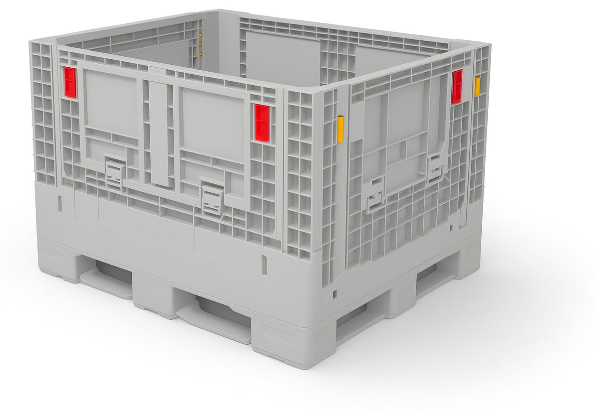 Grey collapsible plastic bulk container, 48 x 40 x 34 in