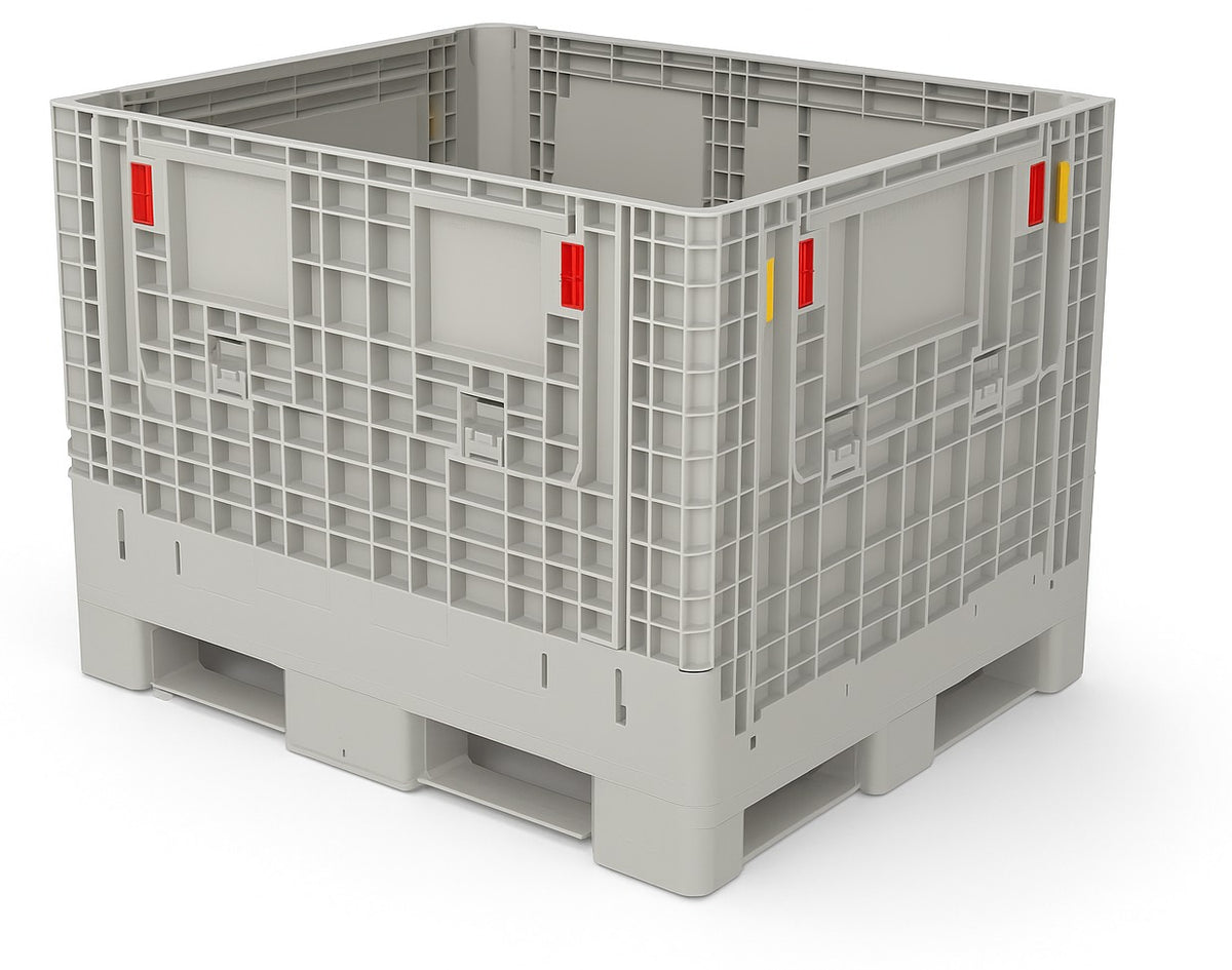 Grey collapsible plastic bulk container, 48 x 40 x 39 in
