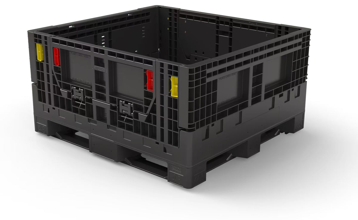 Black collapsible plastic bulk container, 48 x 45 x 25 in
