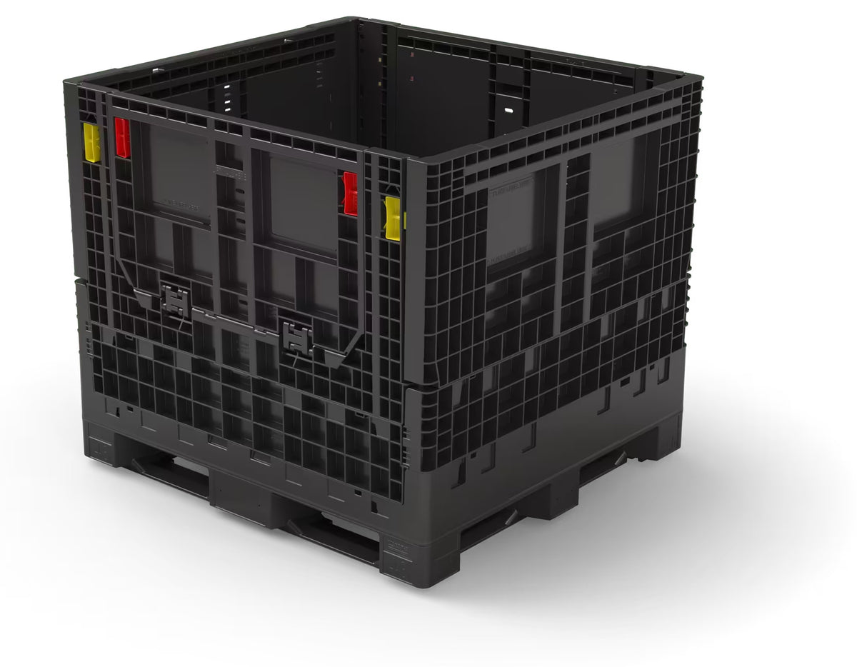 Black collapsible plastic bulk container, 48 x 45 x 42 in, assembled with access doors closed