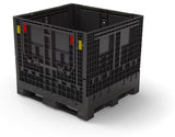 Black collapsible plastic bulk container, 48 x 45 x 42 in, assembled with access doors closed