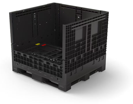 Collapsible bulk container with the long-side access door dropped open