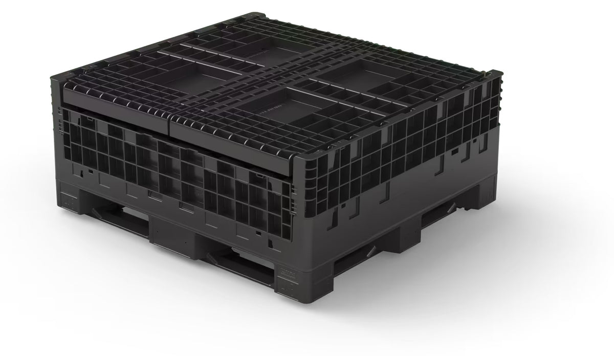 Collapsible bulk container folded flat for return shipping and storage