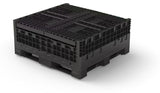 Collapsible bulk container folded flat for return shipping and storage