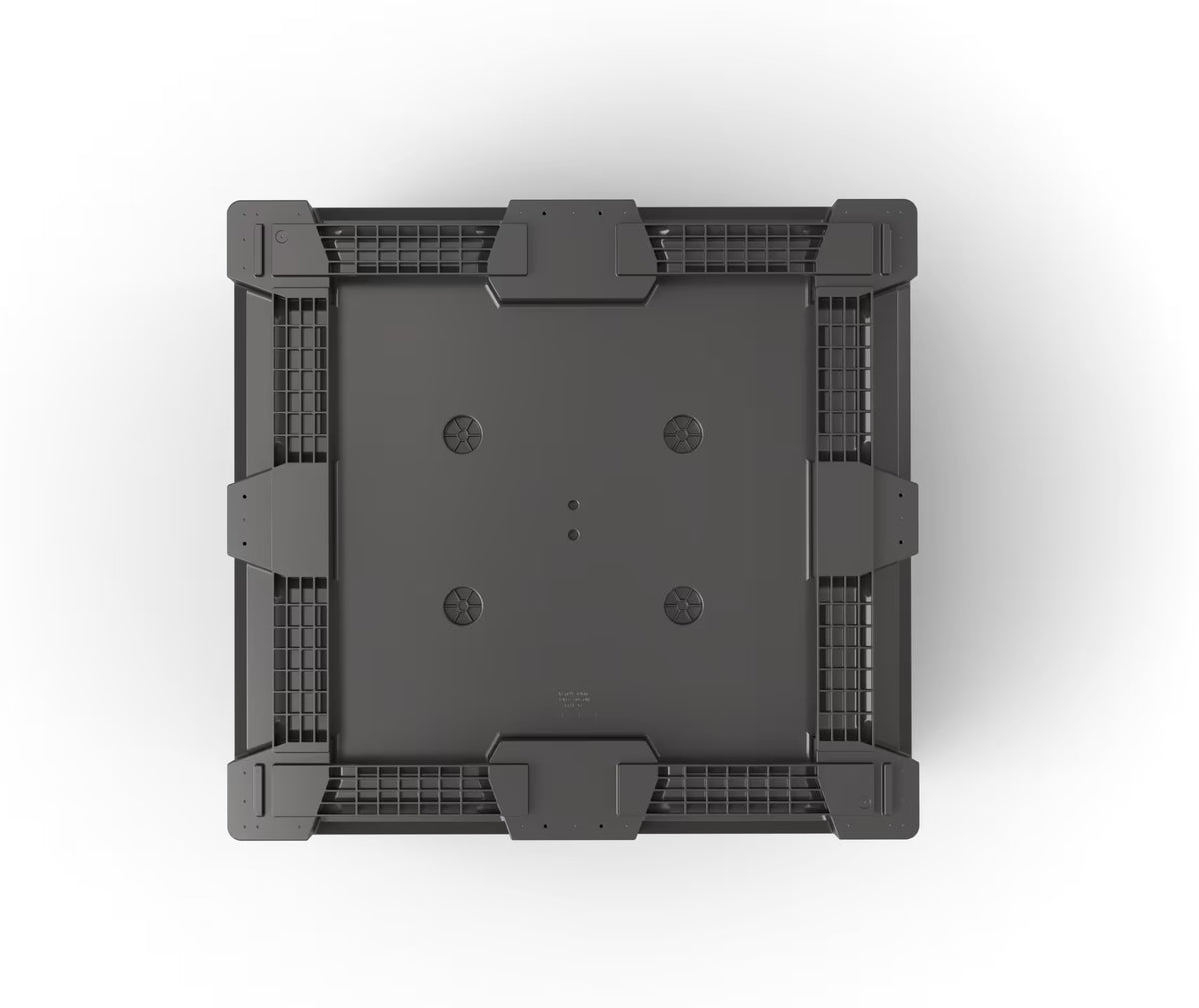 Underside of a collapsible bulk container showing the four-way fork entry base