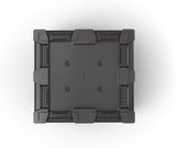 Underside of a collapsible bulk container showing the four-way fork entry base