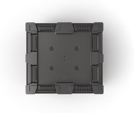 Underside of a collapsible bulk container showing the four-way fork entry base