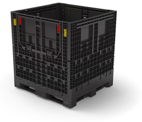 Black collapsible plastic bulk container, 48 x 45 x 50 in, extended height