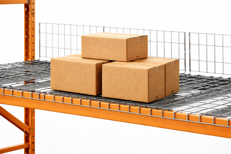 Three cardboard boxes stacked on a metal shelving unit with an orange frame.