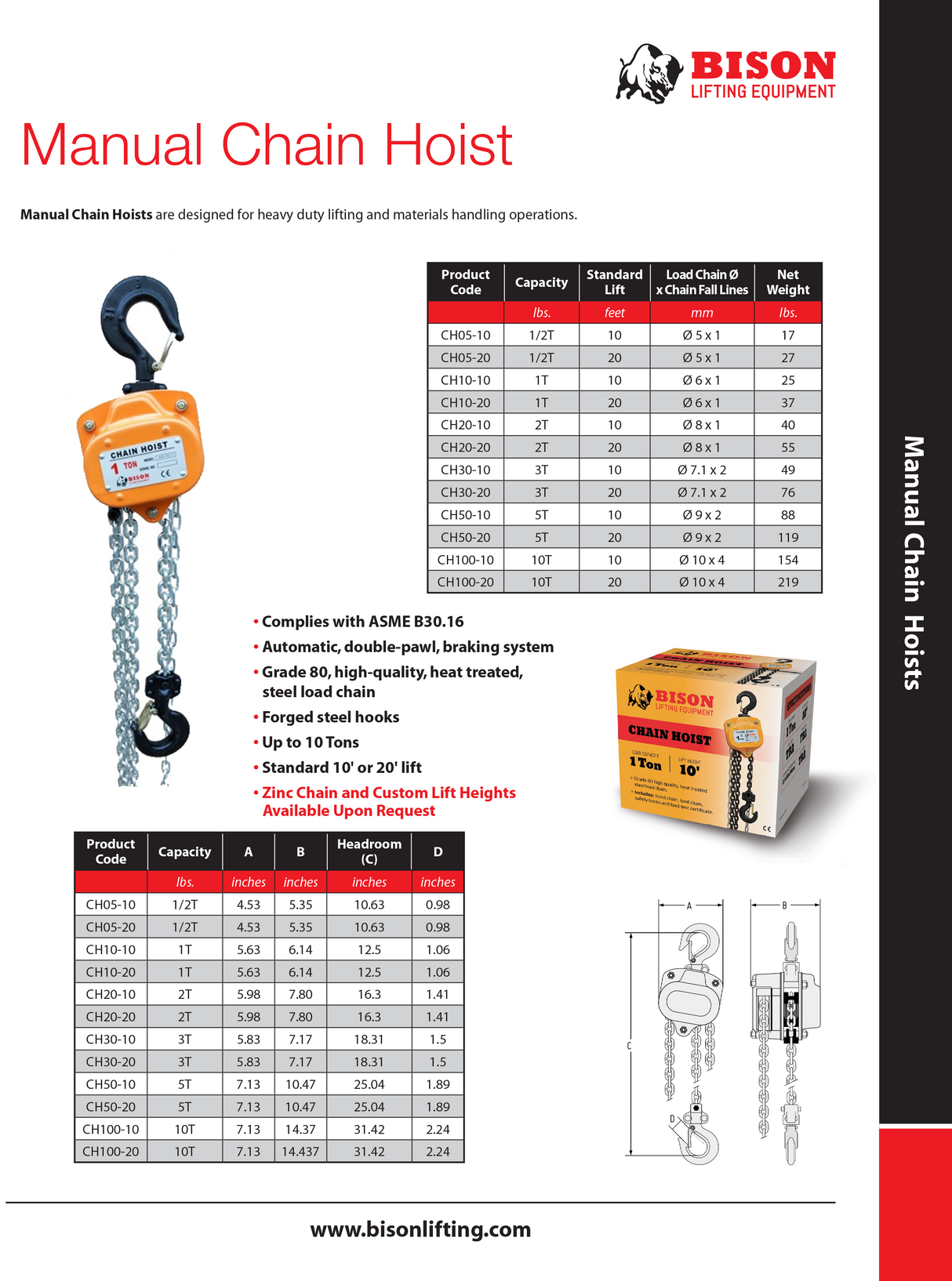 Bison Manual Chain Hoist Premium Galvanized Chain - .5 Ton to 10 Ton - 10 ft and 20 ft Chain