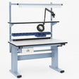 Ergonomic adjustable industrial workbench with light blue steel frame, white laminate surface, overhead LED light, and attached magnifying lamp