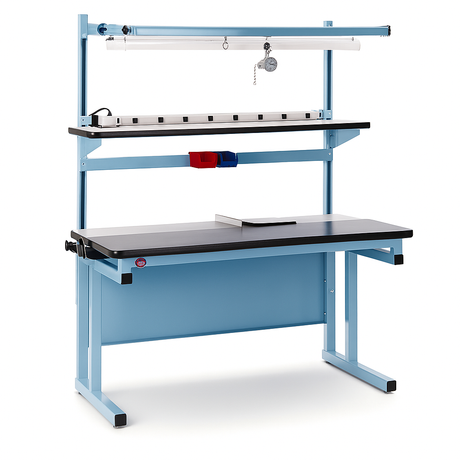 Blue industrial workbench with a black laminate top, adjustable upper shelf with power strip, overhead tool rail with hanging tools, small bin holders for storage, and side crank handles for height adjustment.