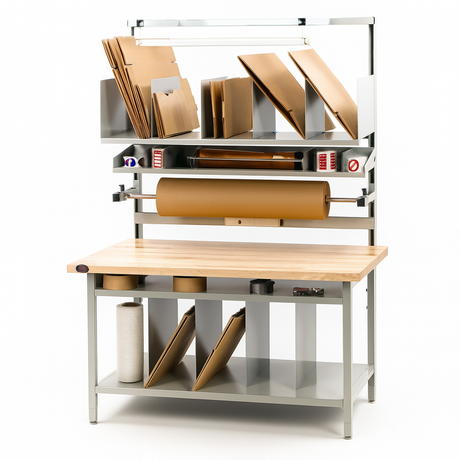 Packing workstation with a butcher block top, integrated roll dispenser, overhead carton organizer, label and tape holders, under-shelf storage for packing supplies, and a steel frame with dedicated compartments for boxes and materials.