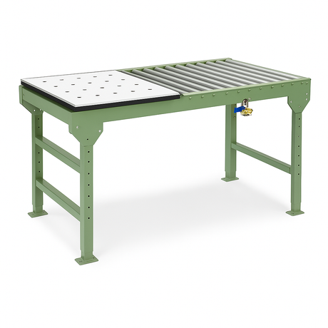 Illustration showing a 'Drop-In' RBT Model DIRBT air table module being installed into a roller conveyor. The white top panel with evenly spaced air holes is positioned above a green conveyor frame, with arrows indicating placement and a control valve labeled on the side.