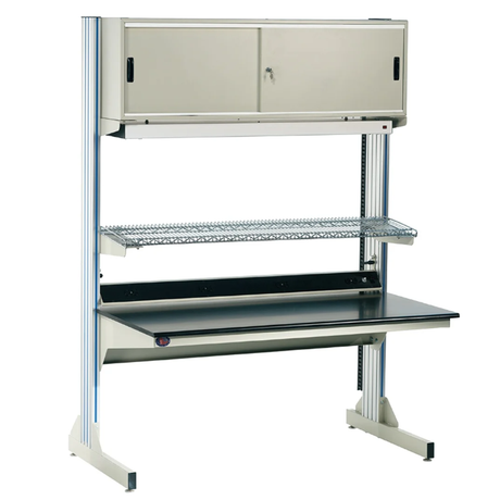 Ergonomic industrial workstation with upper locking storage cabinet, wire shelf, integrated power strip, and black work surface on a metal frame with adjustable-height legs.