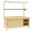 Heavy-duty industrial workbench featuring a solid maple butcher block top, beige steel frame with sliding cabinet doors and open shelving. Includes a black overhead utility shelf and integrated fluorescent lighting for workspace illumination