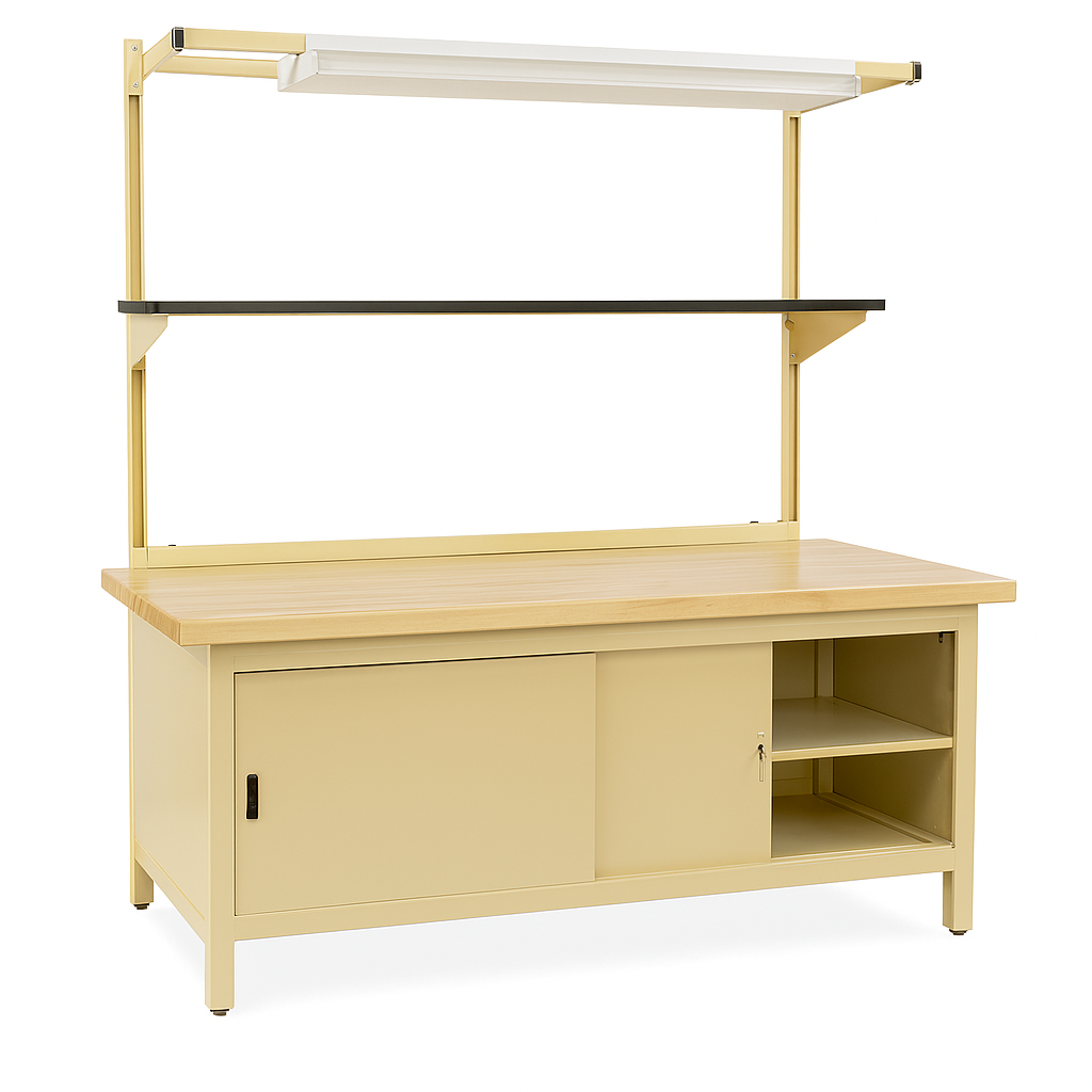 Heavy-duty industrial workbench featuring a solid maple butcher block top, beige steel frame with sliding cabinet doors and open shelving. Includes a black overhead utility shelf and integrated fluorescent lighting for workspace illumination