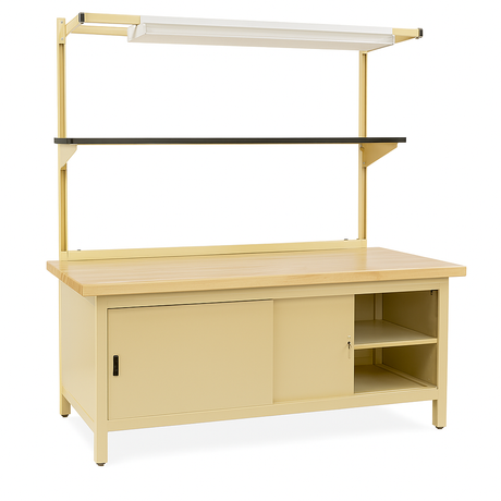 Heavy-duty industrial workbench featuring a solid maple butcher block top, beige steel frame with sliding cabinet doors and open shelving. Includes a black overhead utility shelf and integrated fluorescent lighting for workspace illumination