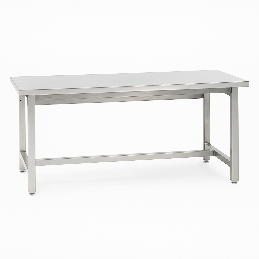 Stainless steel industrial workbench with a flat, easy-to-clean top and durable square tube frame. Designed for cleanroom, laboratory, or food processing environments requiring hygienic, corrosion-resistant surfaces