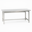 Stainless steel industrial workbench with a flat, easy-to-clean top and durable square tube frame. Designed for cleanroom, laboratory, or food processing environments requiring hygienic, corrosion-resistant surfaces