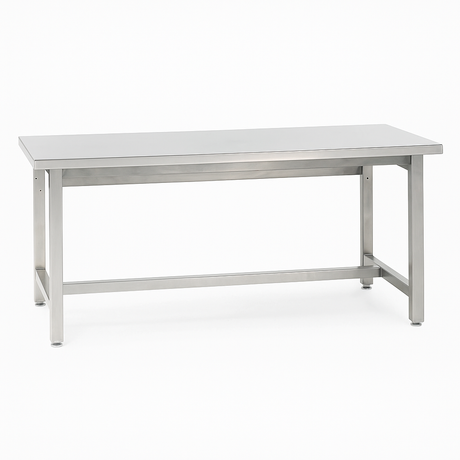 Stainless steel industrial workbench with a flat, easy-to-clean top and durable square tube frame. Designed for cleanroom, laboratory, or food processing environments requiring hygienic, corrosion-resistant surfaces