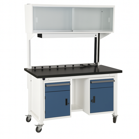 Mobile industrial workbench with upper frosted glass cabinet, black work surface, integrated power strip, and dual lower storage cabinets with blue doors and drawers on lockable caster wheels.