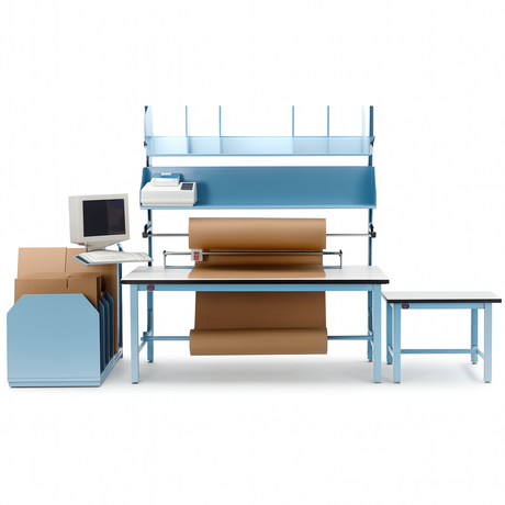 Full-size packing bench system with blue frame, overhead shelf, integrated paper roll dispensers, monitor and keyboard mount, side carton organizer, and a separate side table. Features a large work surface for packaging operations.