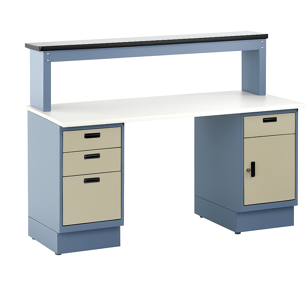 Heavy-duty industrial workbench with a white laminate top, dual pedestal base in blue, and beige locking drawer units. Features a raised upper shelf with a black edge for additional storage. Designed for manufacturing, assembly, or technical work environments