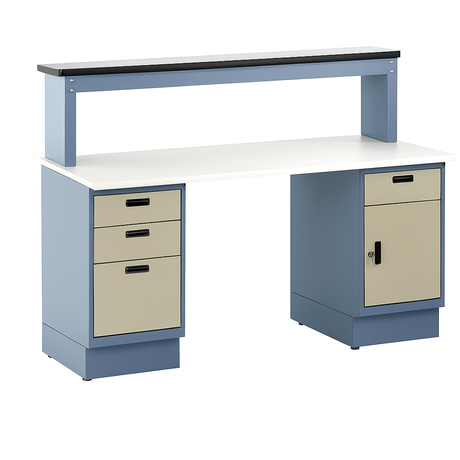 Heavy-duty industrial workbench with a white laminate top, dual pedestal base in blue, and beige locking drawer units. Features a raised upper shelf with a black edge for additional storage. Designed for manufacturing, assembly, or technical work environments