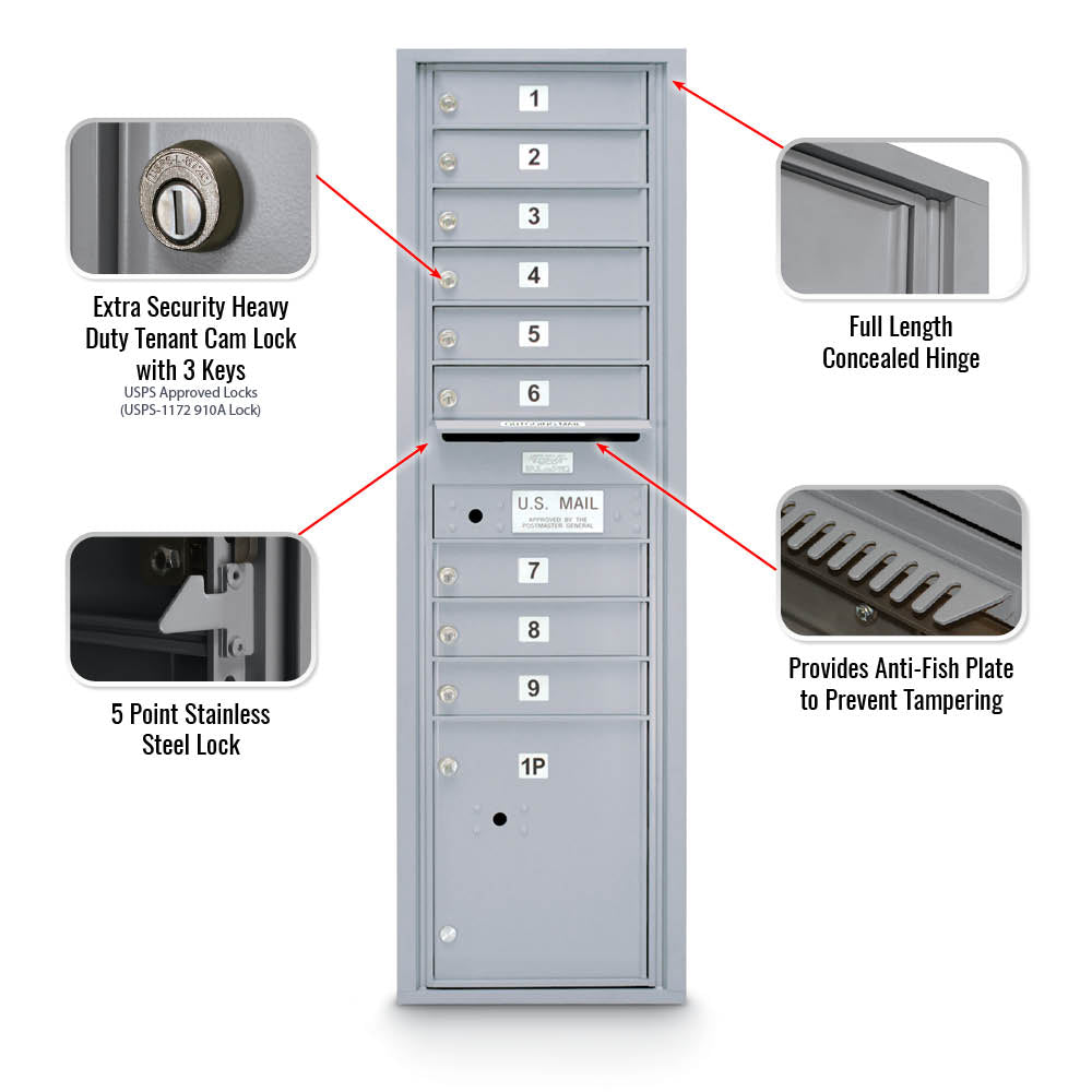 9 Door Standard 4C Std Mailbox with 1 Parcel Door