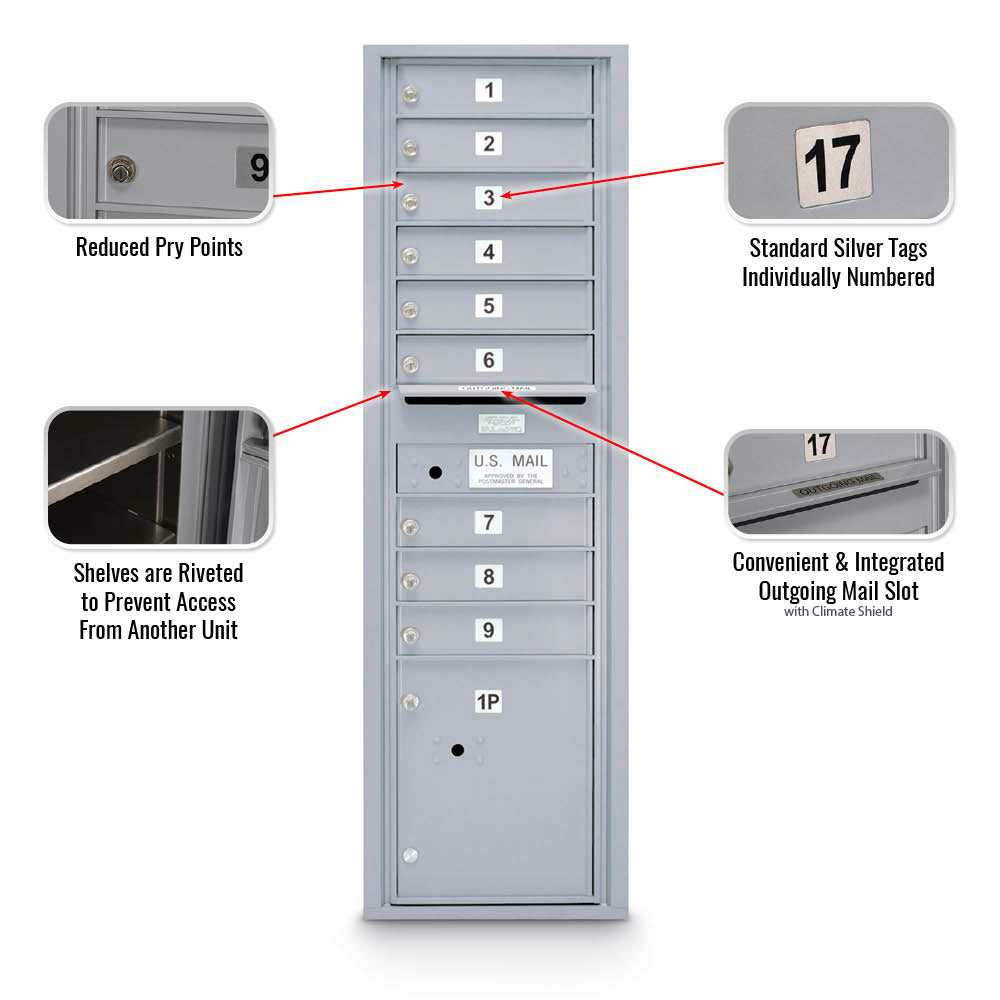 9 Door Standard 4C Std Mailbox with 1 Parcel Door