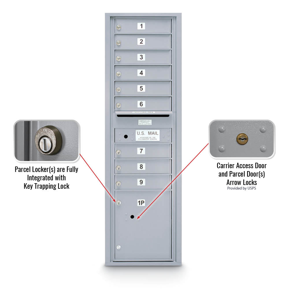 9 Door Standard 4C Std Mailbox with 1 Parcel Door