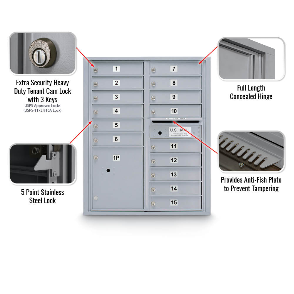 15 Door Standard 4C Mailbox with 1 Parcel Locker - Additional Colors Available