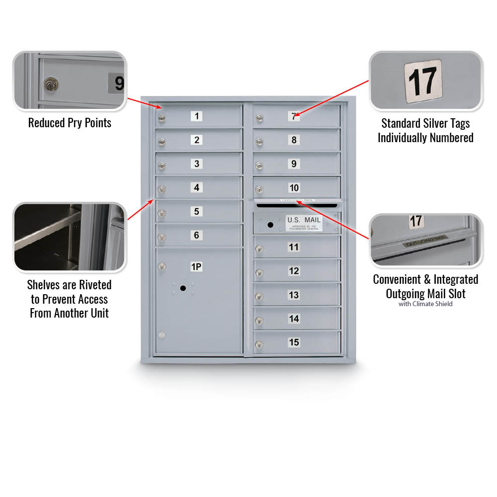 15 Door Standard 4C Mailbox with 1 Parcel Locker - Additional Colors Available