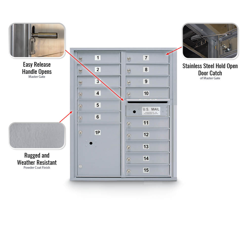 15 Door Standard 4C Mailbox with 1 Parcel Locker - Additional Colors Available