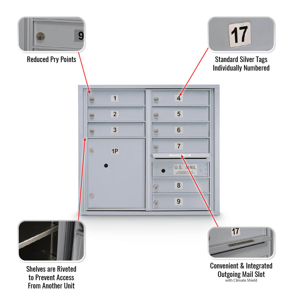 9 Door Standard 4C Mailbox with (1) Parcel Locker