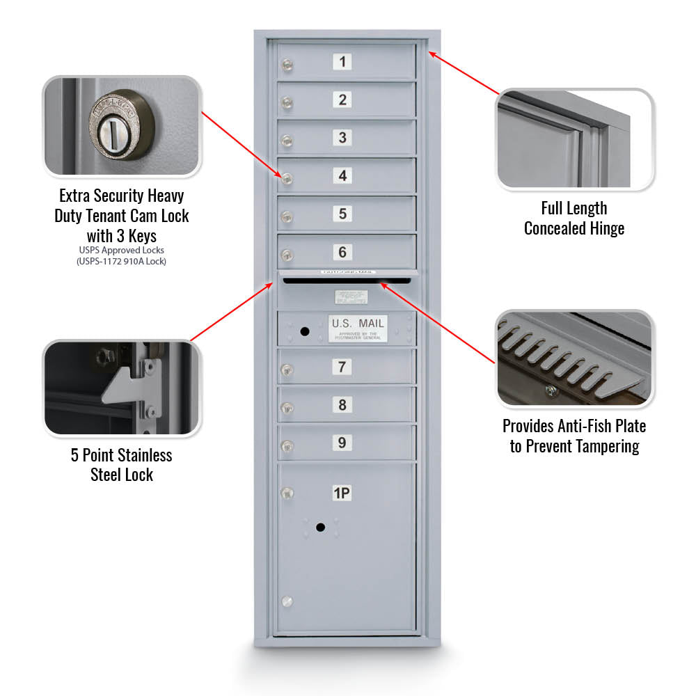 9 Door Standard 4C Mailbox with (1) Parcel Locker - Additional Colors Available