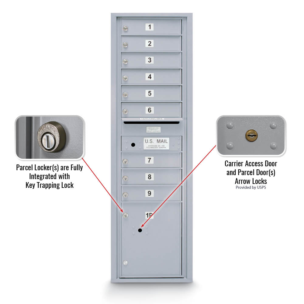 9 Door Standard 4C Mailbox with (1) Parcel Locker - Additional Colors Available