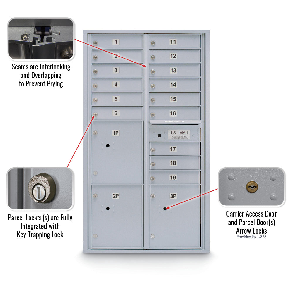 15 Door Standard 4C Mailbox with 3 Parcel Lockers