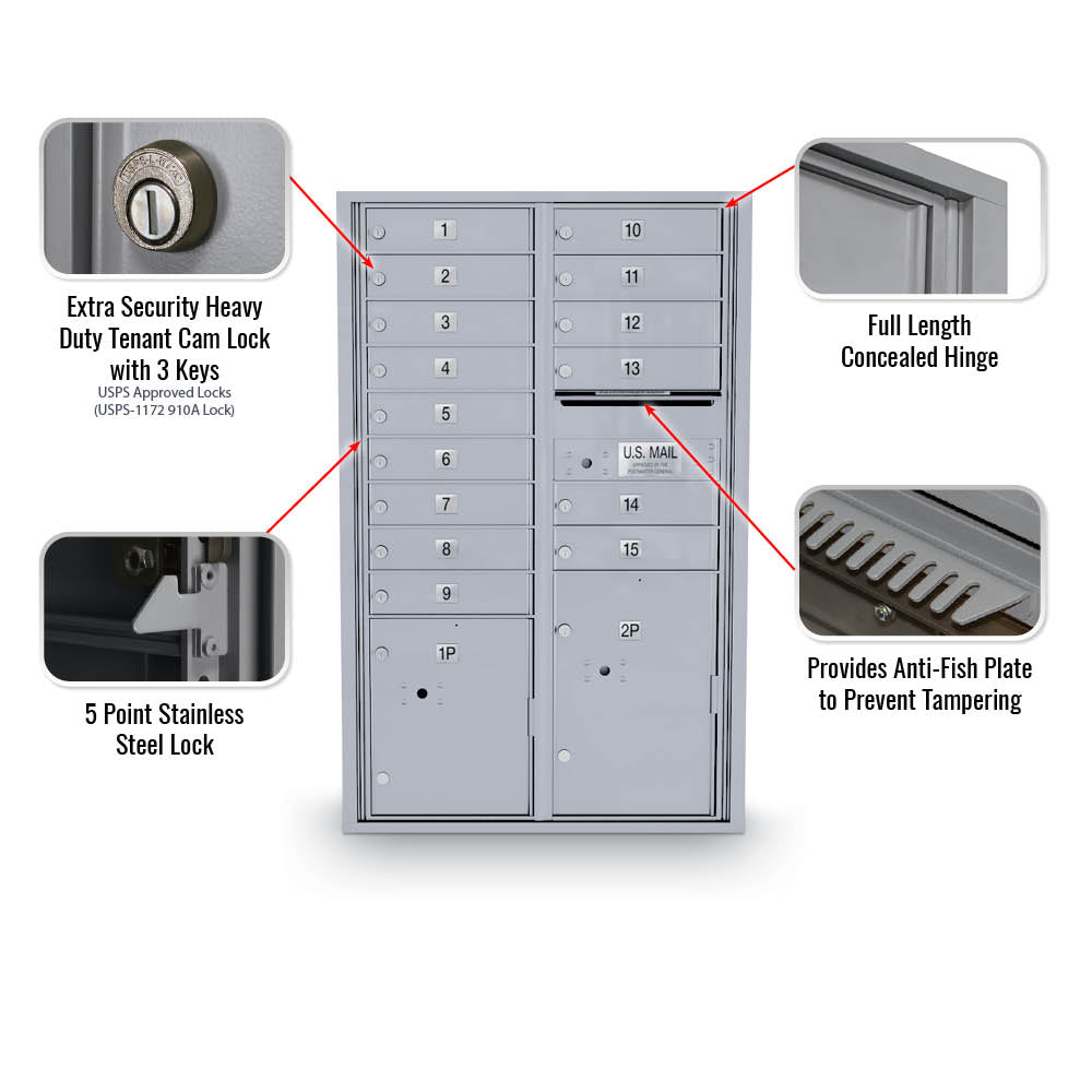 15 Door Standard 4C Front Loading Mailbox with 2 Parcel Lockers