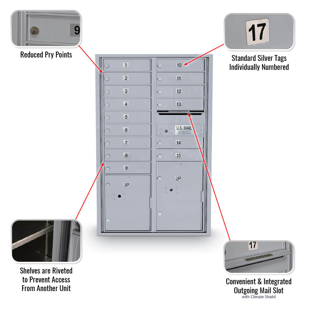 15 Door Standard 4C Front Loading Mailbox with 2 Parcel Lockers