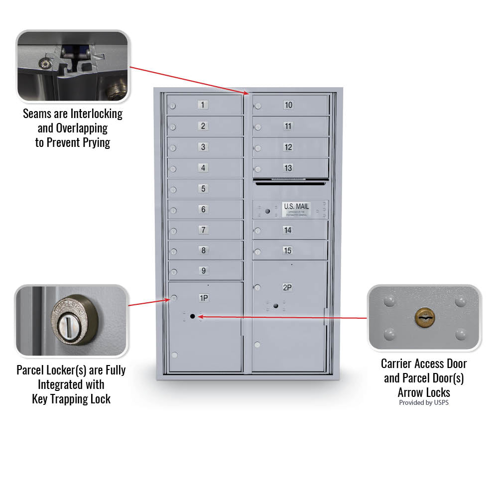 15 Door Standard 4C Front Loading Mailbox with 2 Parcel Lockers