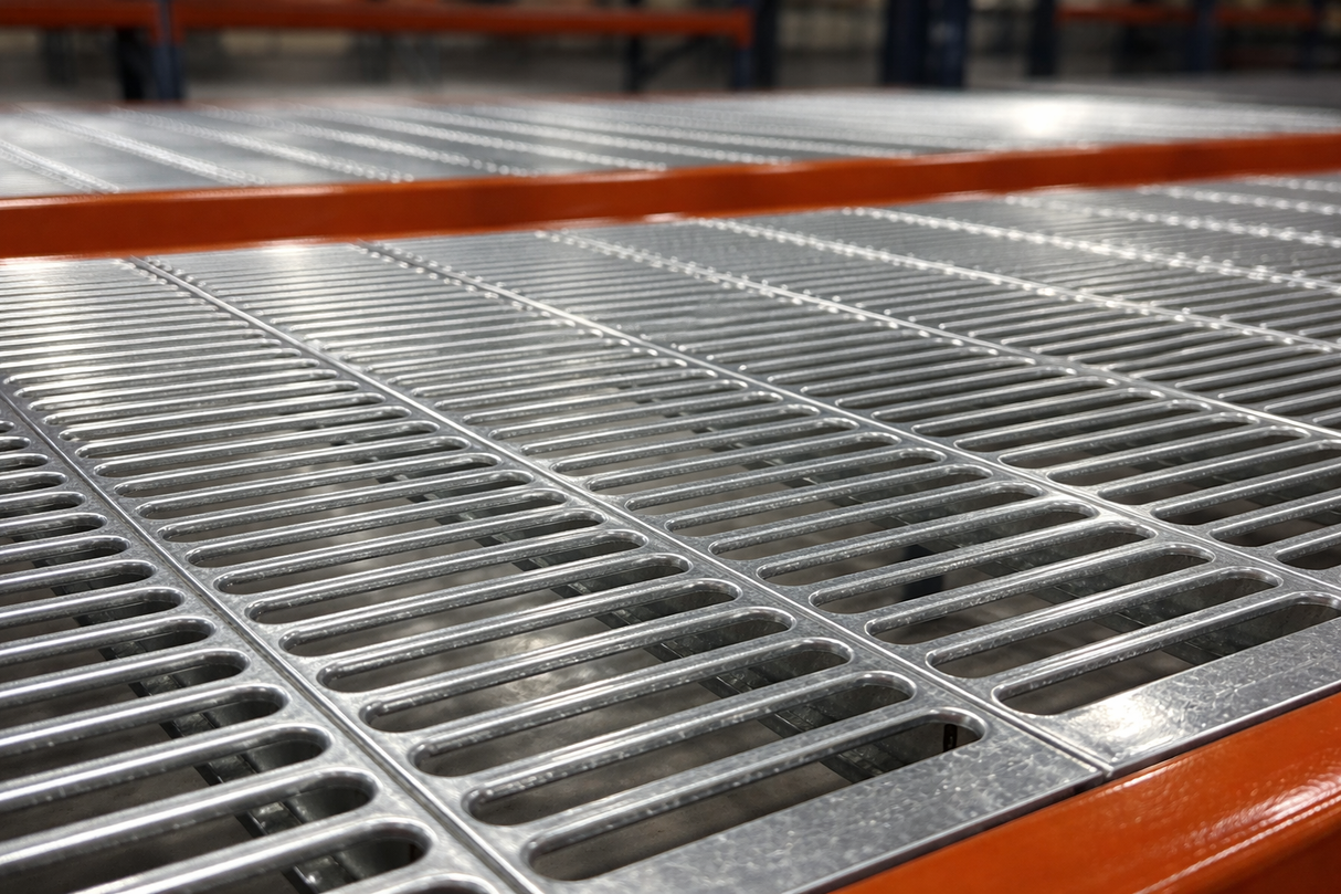 Punched Steel Pallet Rack Decking – 50% Open | NFPA 13 Compliant
